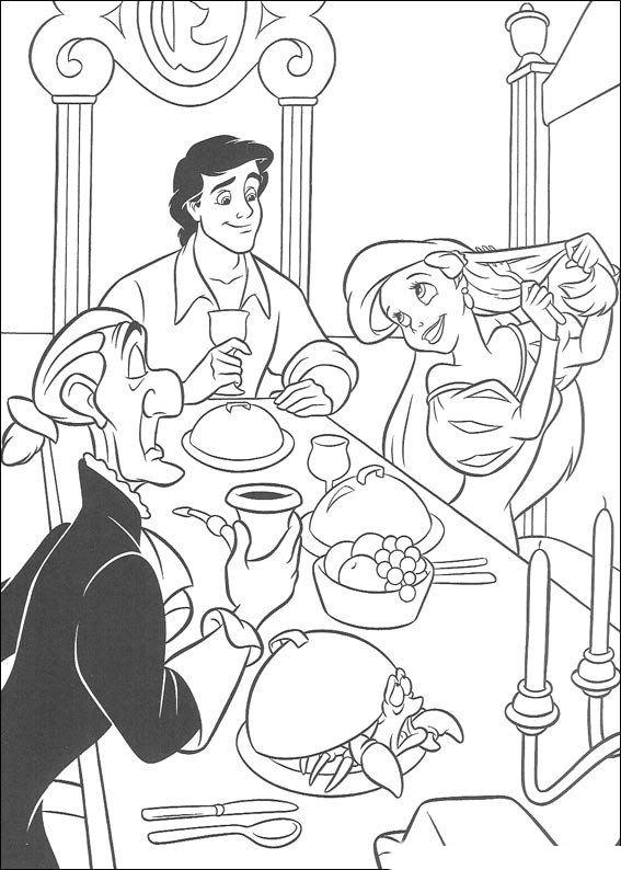 coloriage Arielle la petite sirene a la table du prince